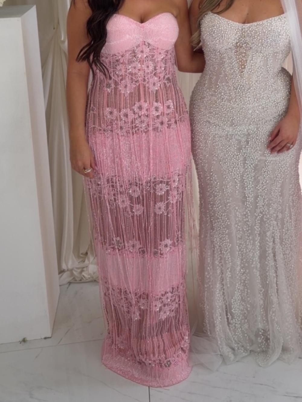 Strapless Pink Lace Fringe Maxi Dress